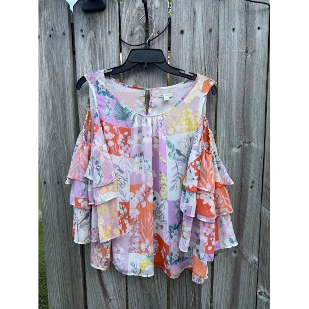 Cottagecore Boho Cato Cold Shoulder Top L Multi Color Patchwork Floral Ruffle